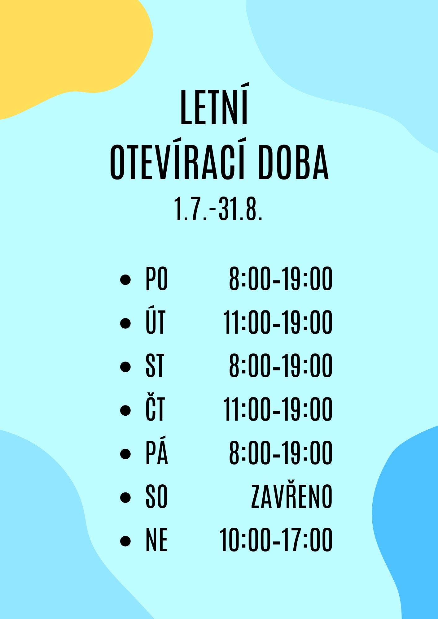 Letní otevírací doba